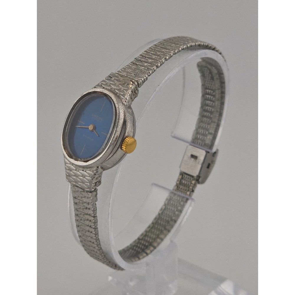 Vtg Retro Cardinal 17 Jewels Silver Tone w/ Blue Dial Oval Woman's 20mm Watch
